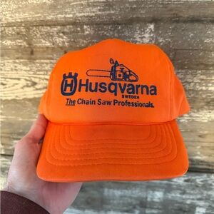 American vintage Orange Husqvarna chainsaw trucker cap